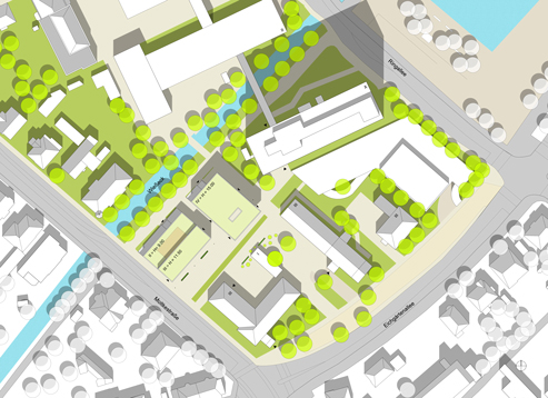 Lageplan Endzustand mit Darstellung des Erdgeschosses der Neubauten und Vernetzung mit dem zukünftigen Campus
